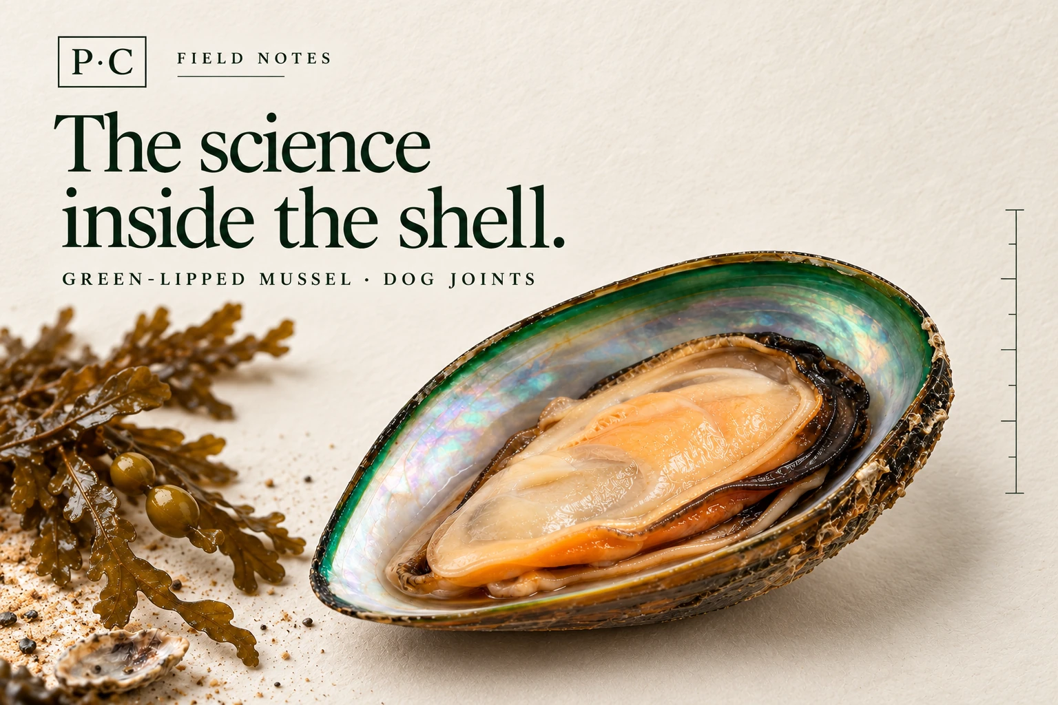 Green-lipped mussel specimen plate with the title The science inside the shell
